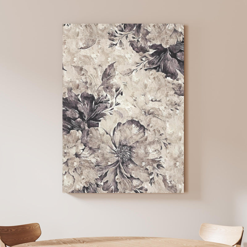 Wandbild - Schwarz, weißes Pflanzen Gemälde 2 an beiger Wand hinter handgeschnitztem Holztisch Zoom