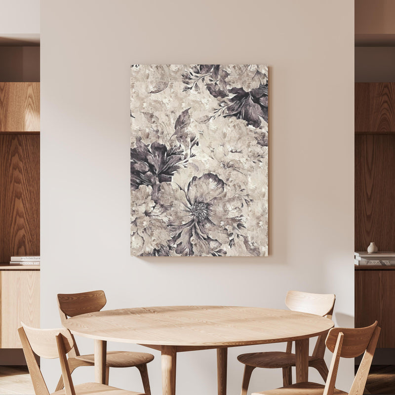 Wandbild - Schwarz, weißes Pflanzen Gemälde 2 an beiger Wand hinter handgeschnitztem Holztisch 