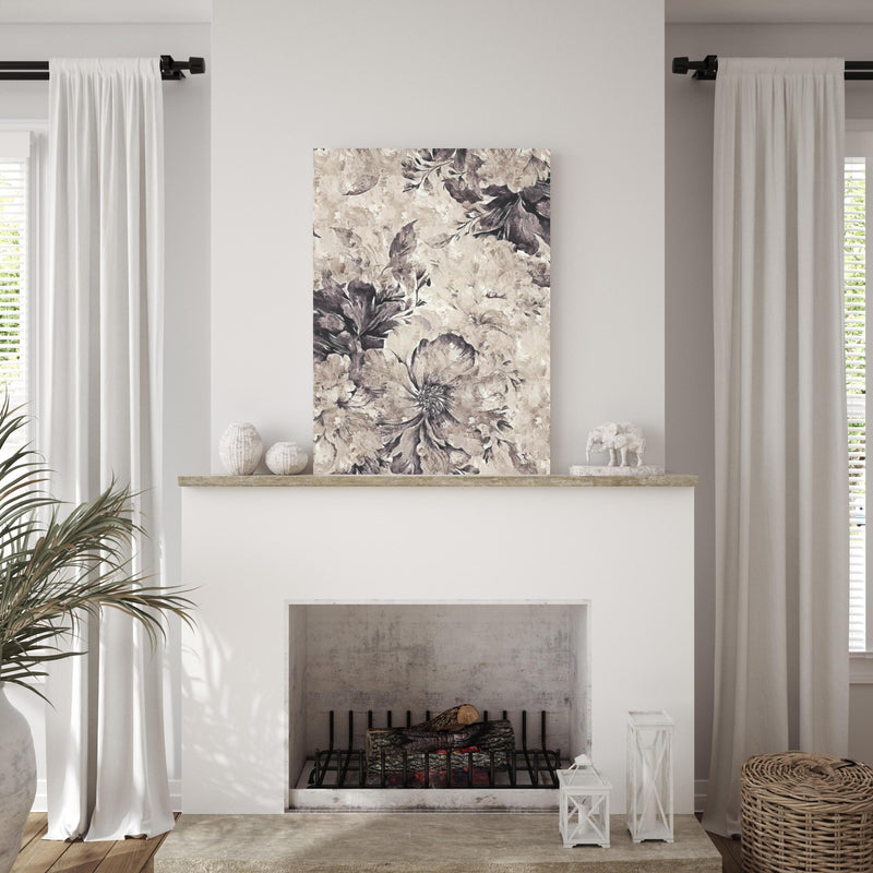 Wandbild - Schwarz, weißes Pflanzen Gemälde 2 über edlem Kamin mit authentischem Altholz