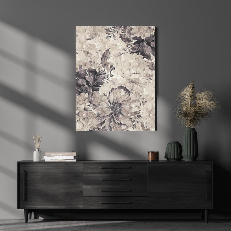 Wandbild - Schwarz, weißes Pflanzen Gemälde 2 über luxuriöser Holzkommode und dunkelgrünen Vasen