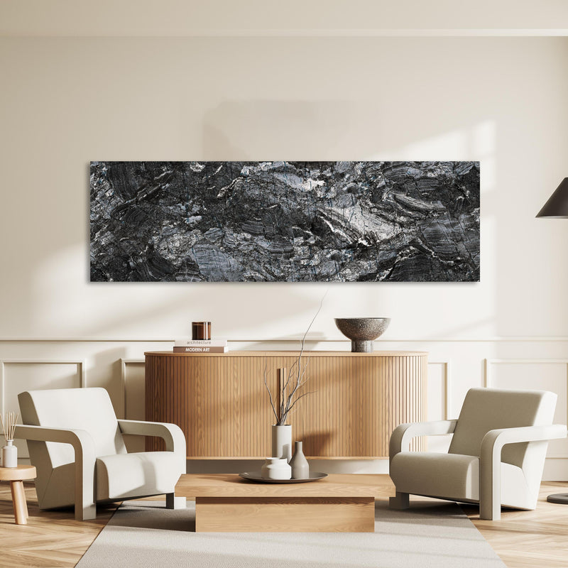 Wandbild - Schwarzer Marmor - Natur an heller Wand über stilvoller Holzkommode im Wohnzimmer