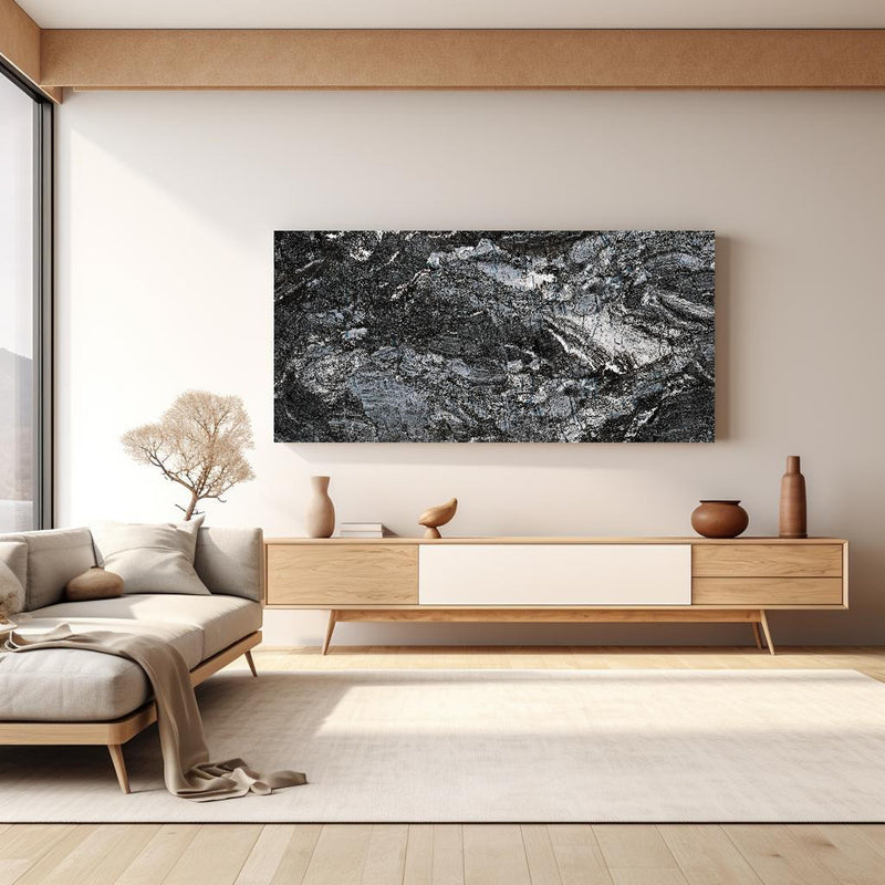 Wandbild - Schwarzer Marmor - Natur in hellem Wohnzimmer über extravaganter Kommode
