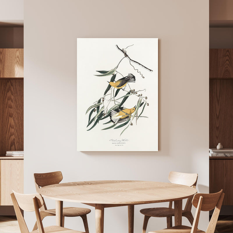 Wandbild - Singvogel Portrait - John James Audubon an beiger Wand hinter handgeschnitztem Holztisch 