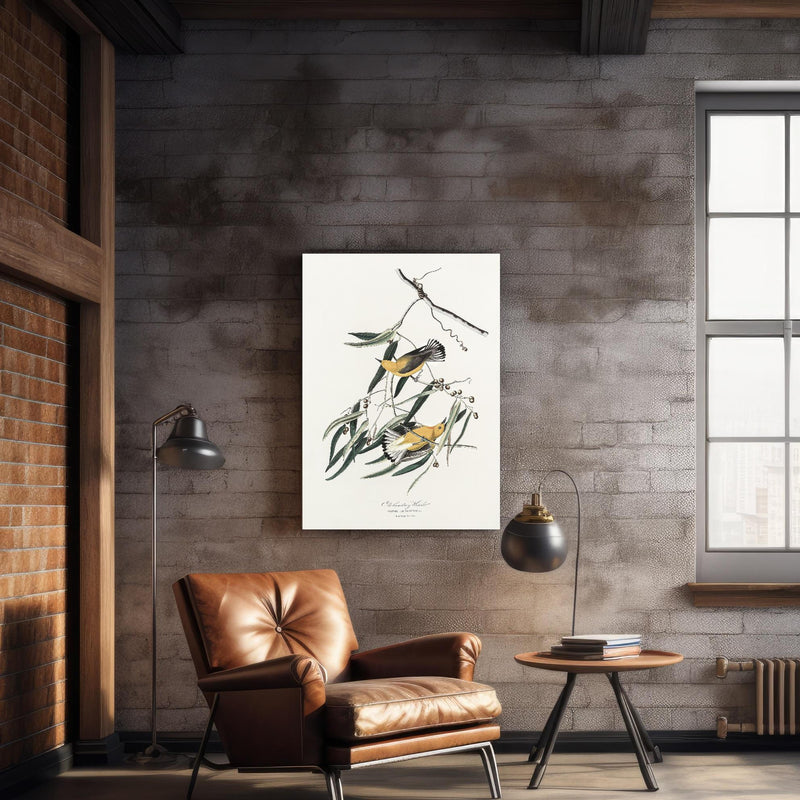 Wandbild - Singvogel Portrait - John James Audubon über geschmackvollem Sessel an rustikaler Ziegelwand