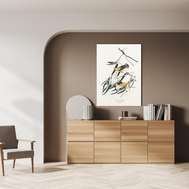 Wandbild - Singvogel Portrait - John James Audubon über doppelter Holzkommode mit Vase und Büchersammlung