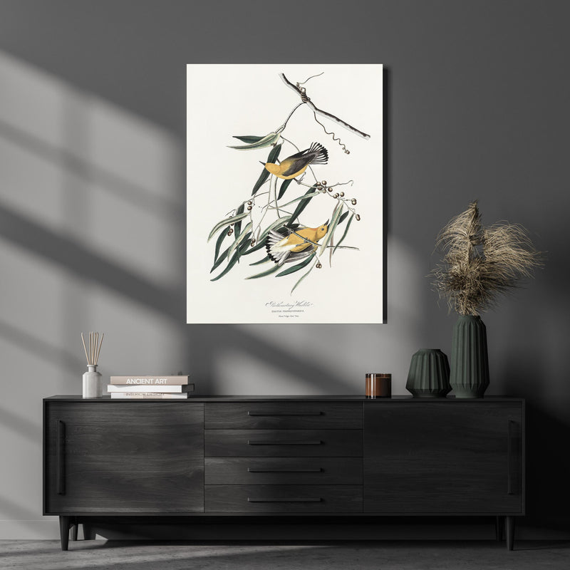 Wandbild - Singvogel Portrait - John James Audubon über luxuriöser Holzkommode und dunkelgrünen Vasen