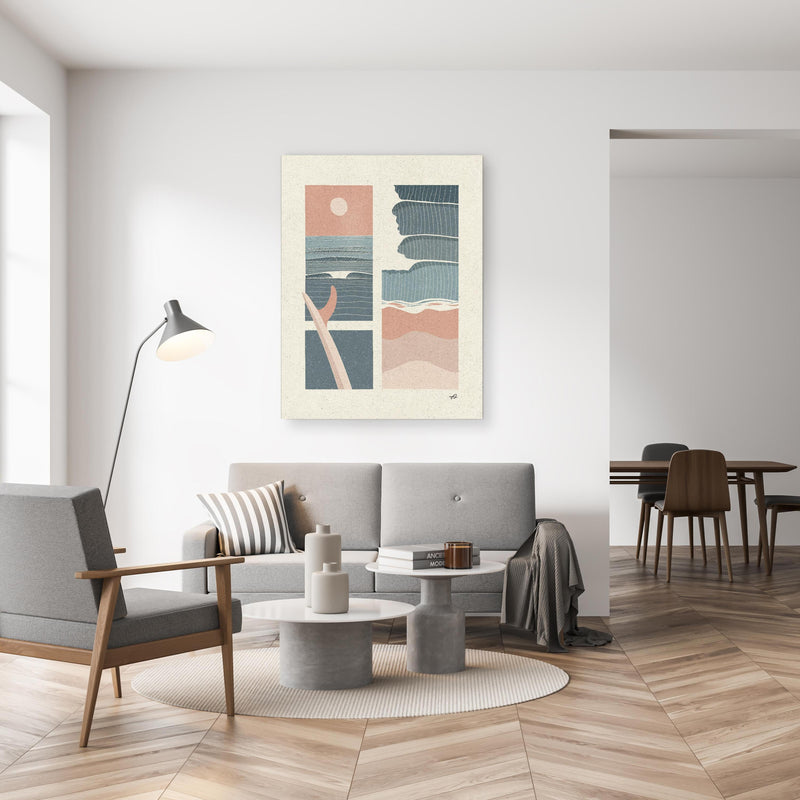 Wandbild - Sommer Kollage - Moderne Kunst in gemütlichem Wohnzimmer neben grauer Retro-Lampe