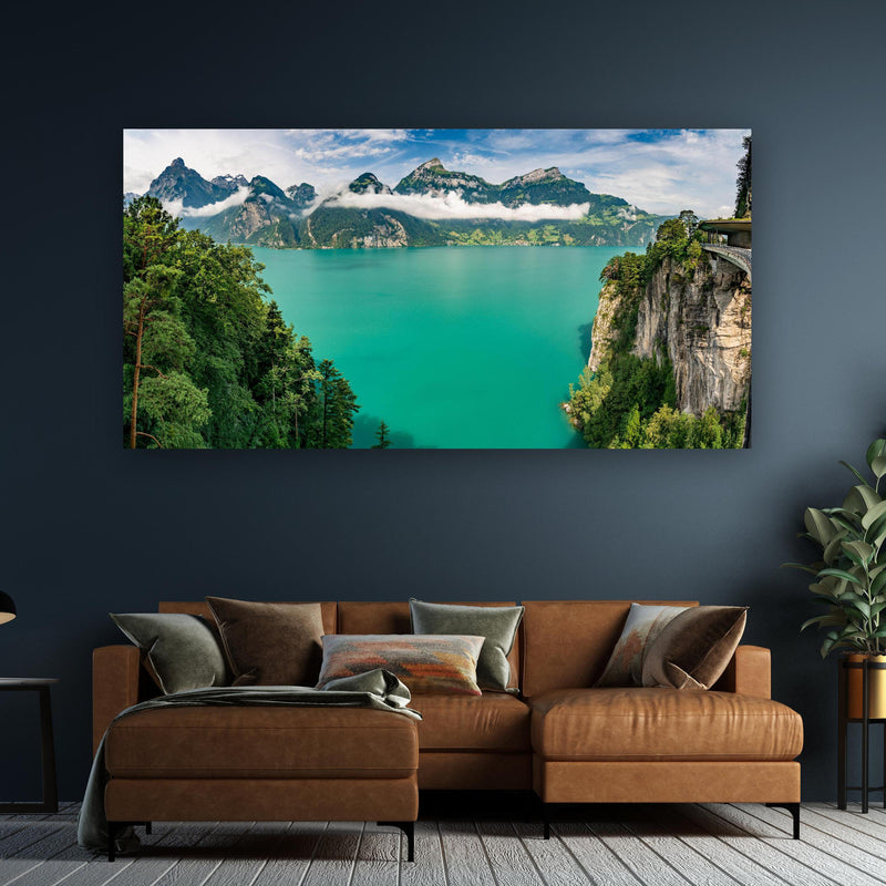 Wandbild - Sommeralpen im Blick- Schweiz an dunkelgrüner Wand über klassischem Sofa