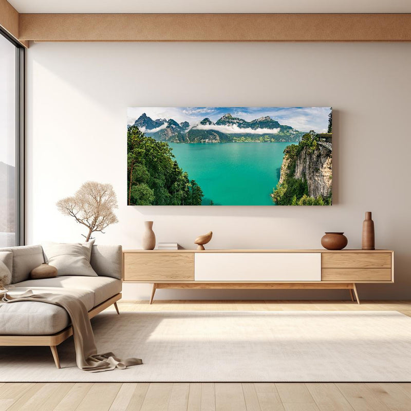 Wandbild - Sommeralpen im Blick- Schweiz in hellem Wohnzimmer über extravaganter Kommode