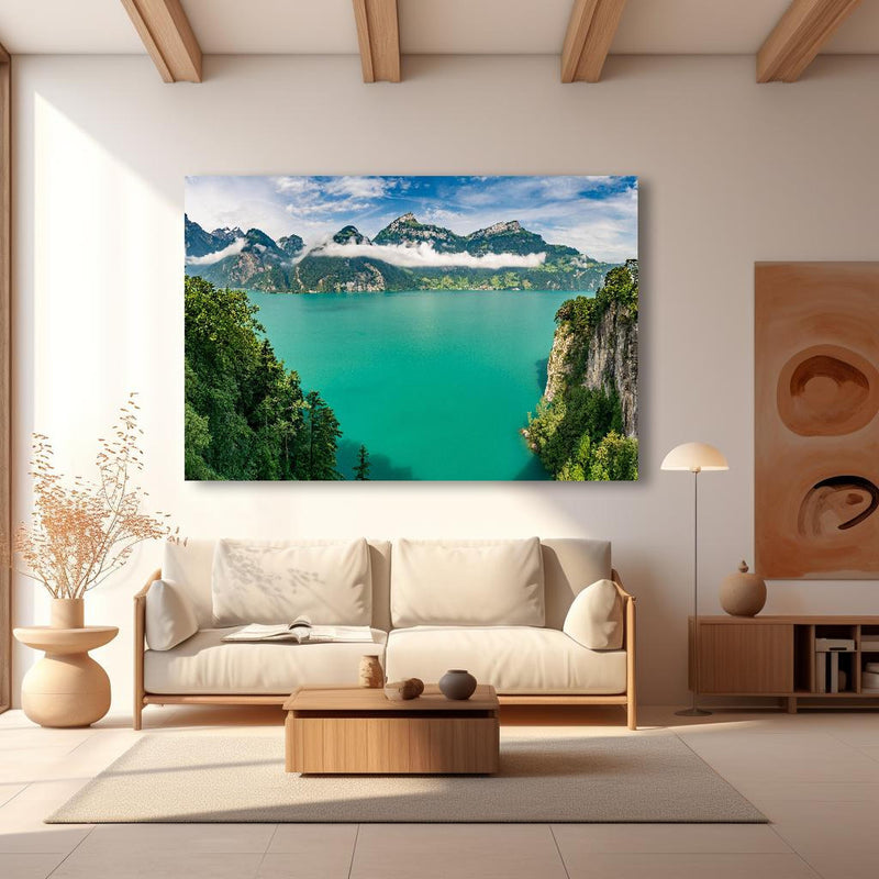 Wandbild - Sommeralpen im Blick- Schweiz in modernem Wohnzimmer im Loft-Stil