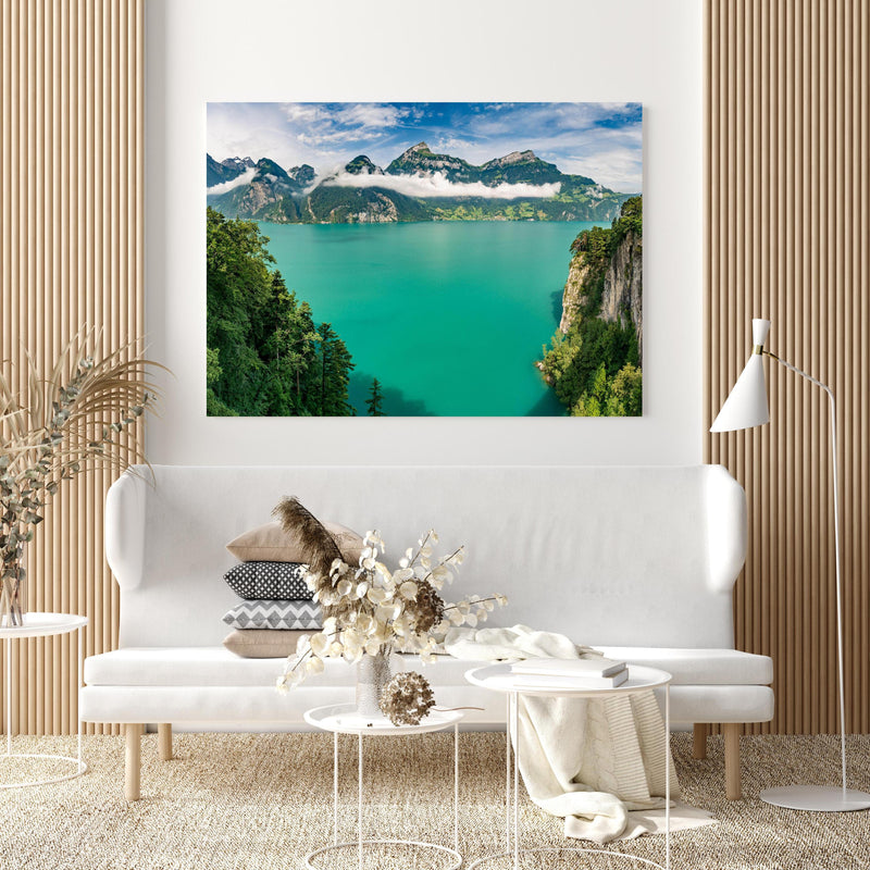 Wandbild - Sommeralpen im Blick- Schweiz in extravagant gestaltetem Raum mit minimalistischer Couch-quadratisch