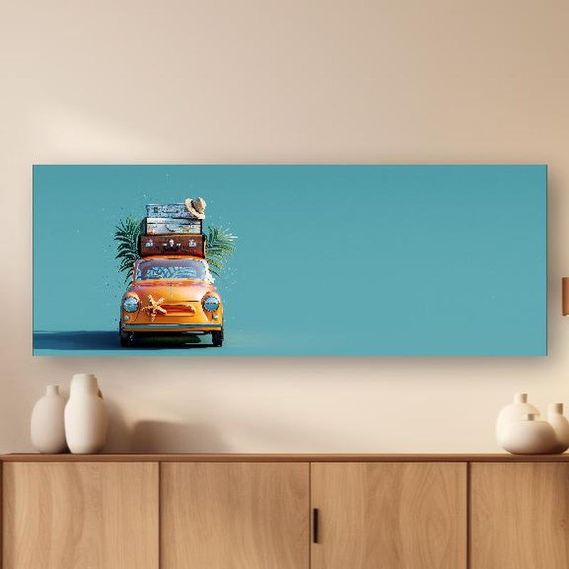 Wandbild - Spielzeugauto mit Reisegepäck - blauer Hintergrund in dezentem Wohnzimmer mit geölter Holzkommode Zoom