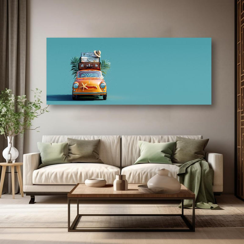 Wandbild - Spielzeugauto mit Reisegepäck - blauer Hintergrund in kreativ eingerichtetem Zimmer mit moderner Vase