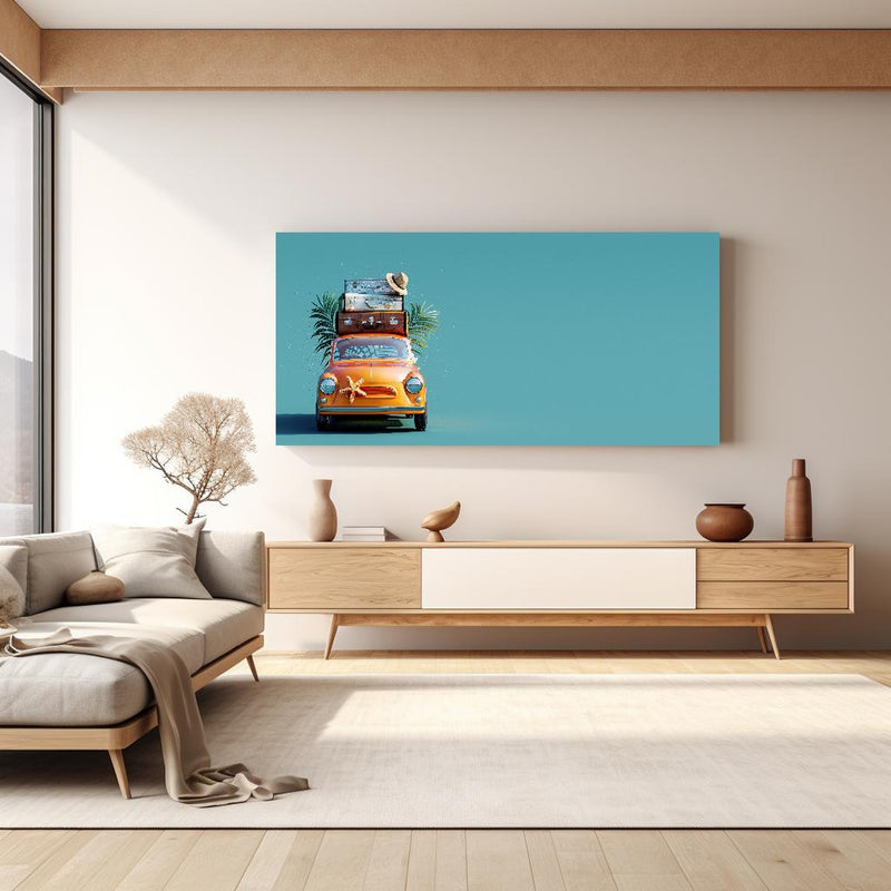 Wandbild - Spielzeugauto mit Reisegepäck - blauer Hintergrund in hellem Wohnzimmer über extravaganter Kommode