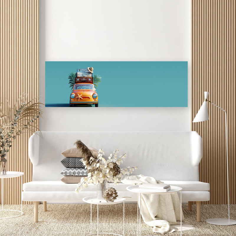 Wandbild - Spielzeugauto mit Reisegepäck - blauer Hintergrund in extravagant gestaltetem Raum mit minimalistischer Couch-rechteckig