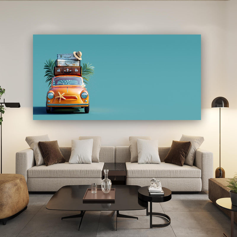 Wandbild - Spielzeugauto mit Reisegepäck - blauer Hintergrund über Urban-Stil Couch hinter futuristischem Tisch
