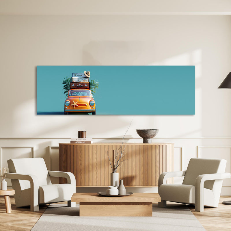 Wandbild - Spielzeugauto mit Reisegepäck - blauer Hintergrund an heller Wand über stilvoller Holzkommode im Wohnzimmer