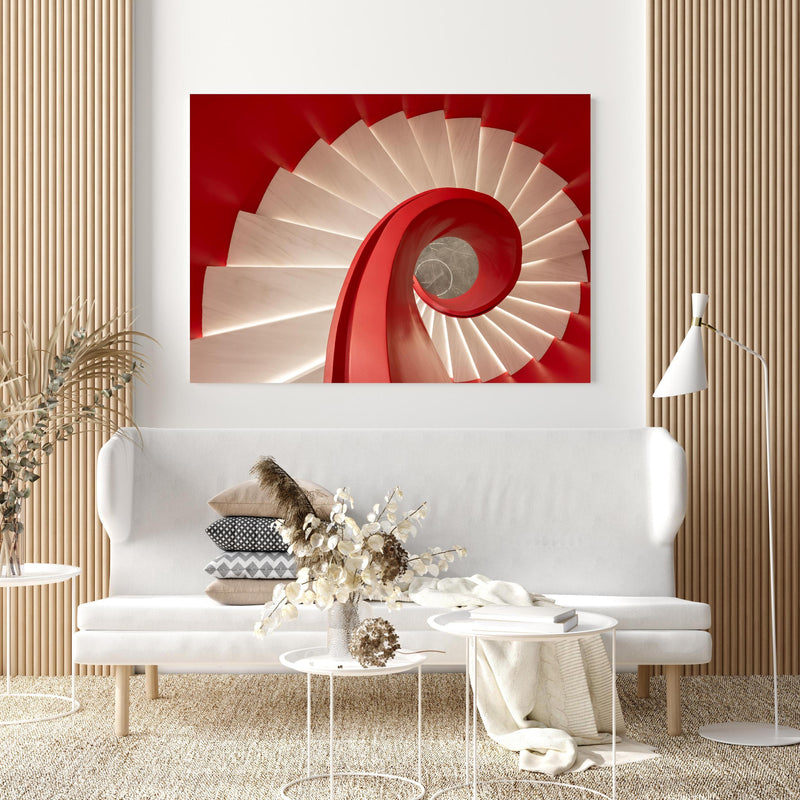 Wandbild - Spirale Treppe - Rötlich in extravagant gestaltetem Raum mit minimalistischer Couch-quadratisch