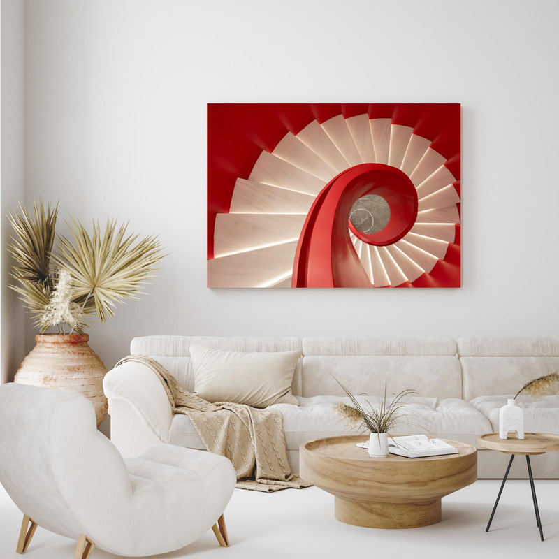 Wandbild - Spirale Treppe - Rötlich in exotisch eingerichtetem Wohnzimmer über gemütlicher Couch