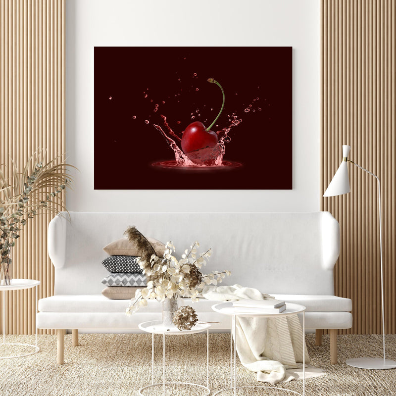 Wandbild - Spritzige Kirsche in extravagant gestaltetem Raum mit minimalistischer Couch-quadratisch