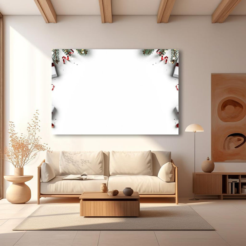 Wandbild - Tannenzweige als Rahmen in modernem Wohnzimmer im Loft-Stil