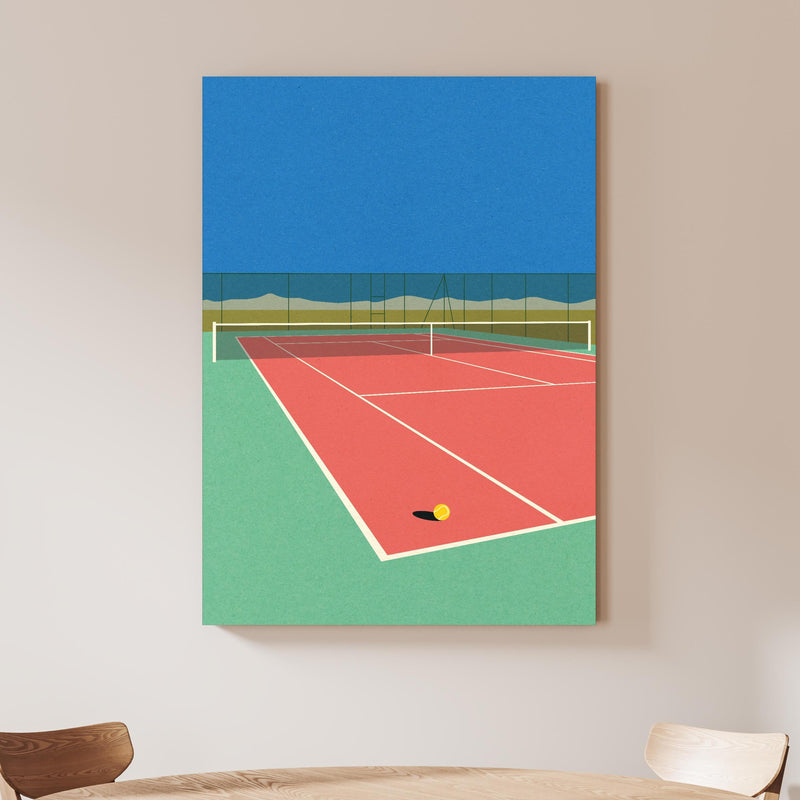 Wandbild - Tennisfeld in der Wüste an beiger Wand hinter handgeschnitztem Holztisch Zoom