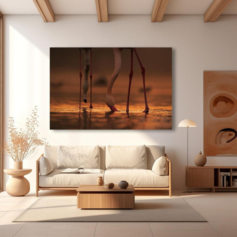 Wandbild - Trinkende Flamingos in modernem Wohnzimmer im Loft-Stil