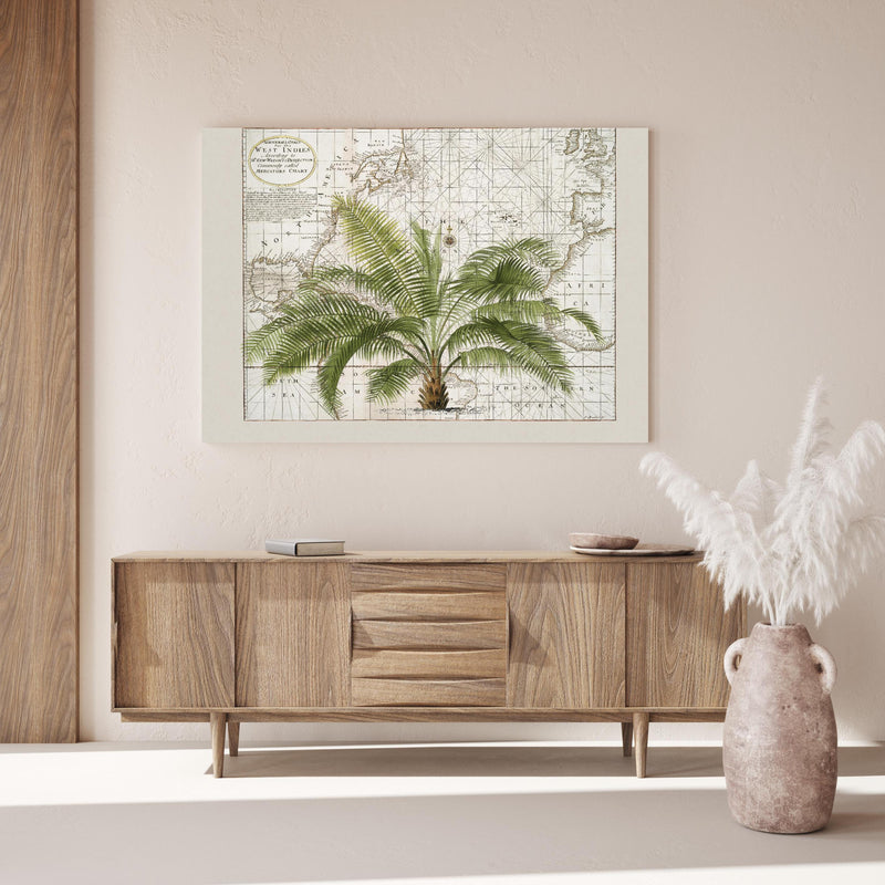 Wandbild - Tropical Empire No1 über Holzkommode hinter dekorativer Zimmerpflanze