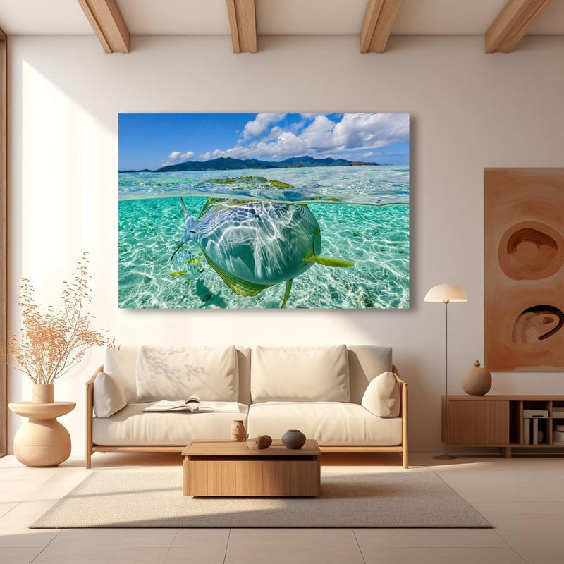 Wandbild - Tropischer Fisch - Unterwasserwelt in modernem Wohnzimmer im Loft-Stil