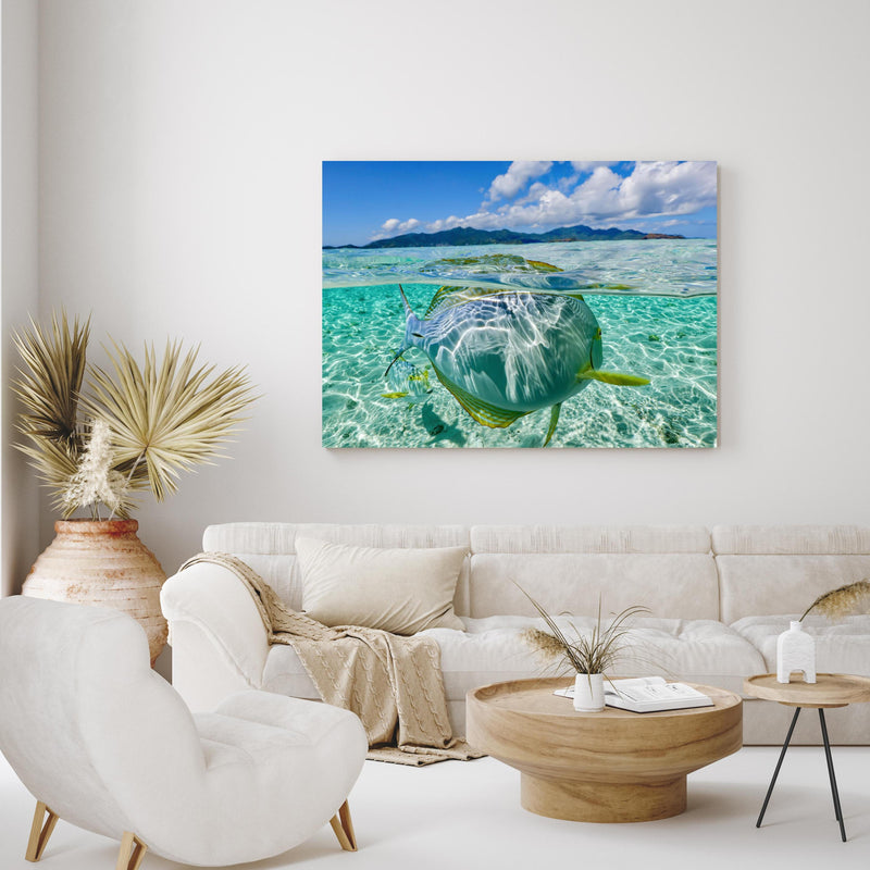 Wandbild - Tropischer Fisch - Unterwasserwelt in exotisch eingerichtetem Wohnzimmer über gemütlicher Couch