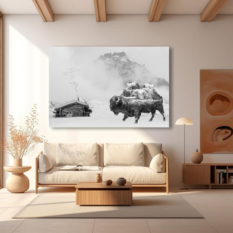Wandbild - Verschneite Bergregion - Bison in modernem Wohnzimmer im Loft-Stil