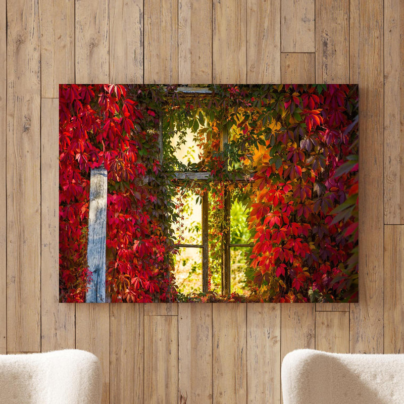 Wandbild - Verwachsenes Fenster mit roten Blättern an Holzwand hinter sanften Sesseln mit Plüschbezug Zoom