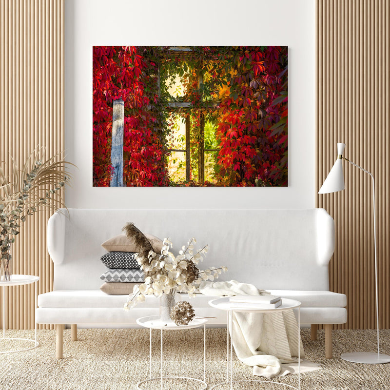 Wandbild - Verwachsenes Fenster mit roten Blättern in extravagant gestaltetem Raum mit minimalistischer Couch-quadratisch
