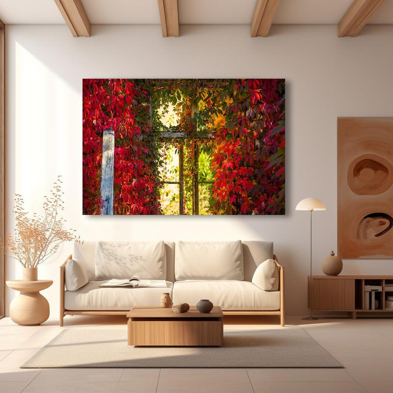 Wandbild - Verwachsenes Fenster mit roten Blättern in modernem Wohnzimmer im Loft-Stil