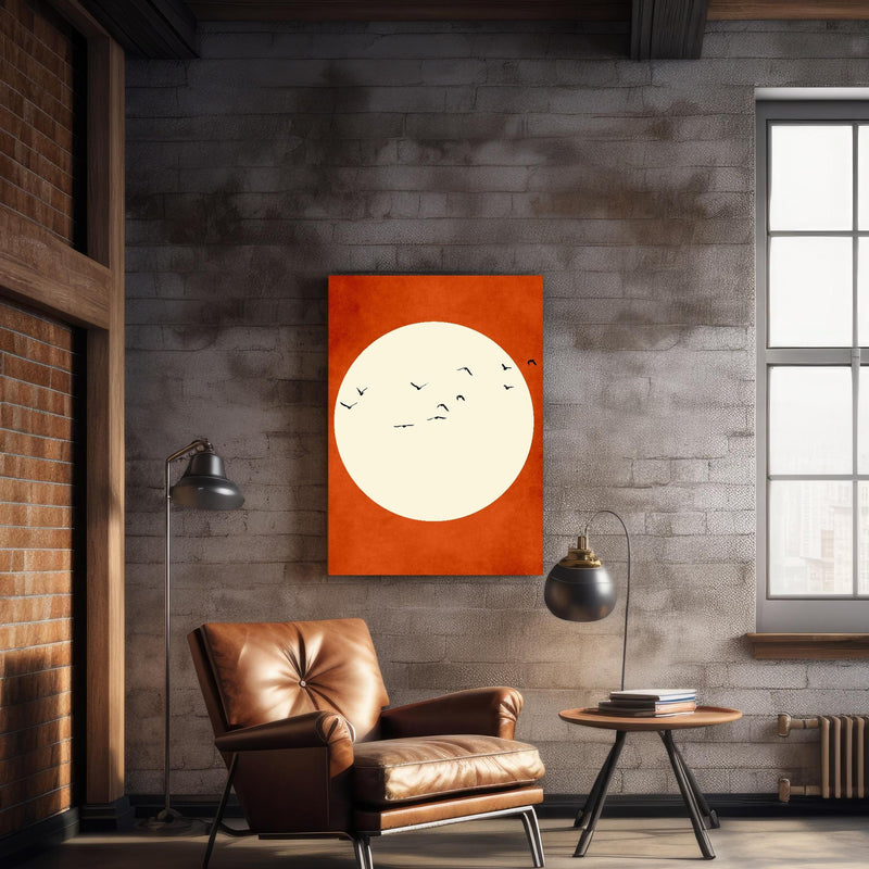 Wandbild - Warmer Mond - Grafik über geschmackvollem Sessel an rustikaler Ziegelwand