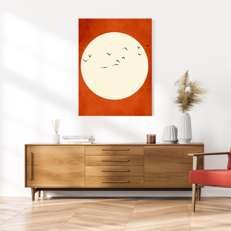 Wandbild - Warmer Mond - Grafik an cremefarbener Wand über klassischer Holzkommode