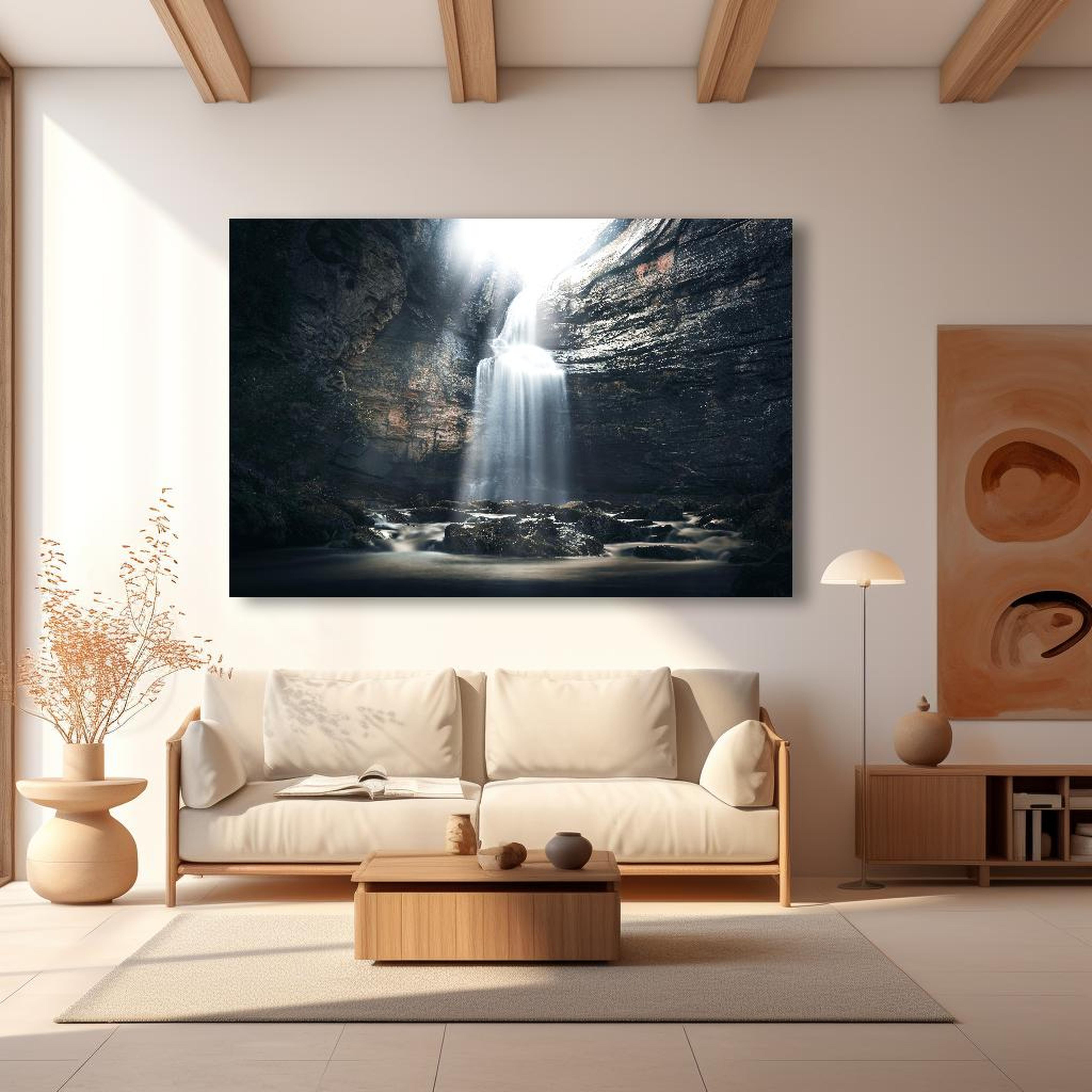 Wandbild - Wasserfall in geheimnisvoller Schlucht in modernem Wohnzimmer im Loft-Stil