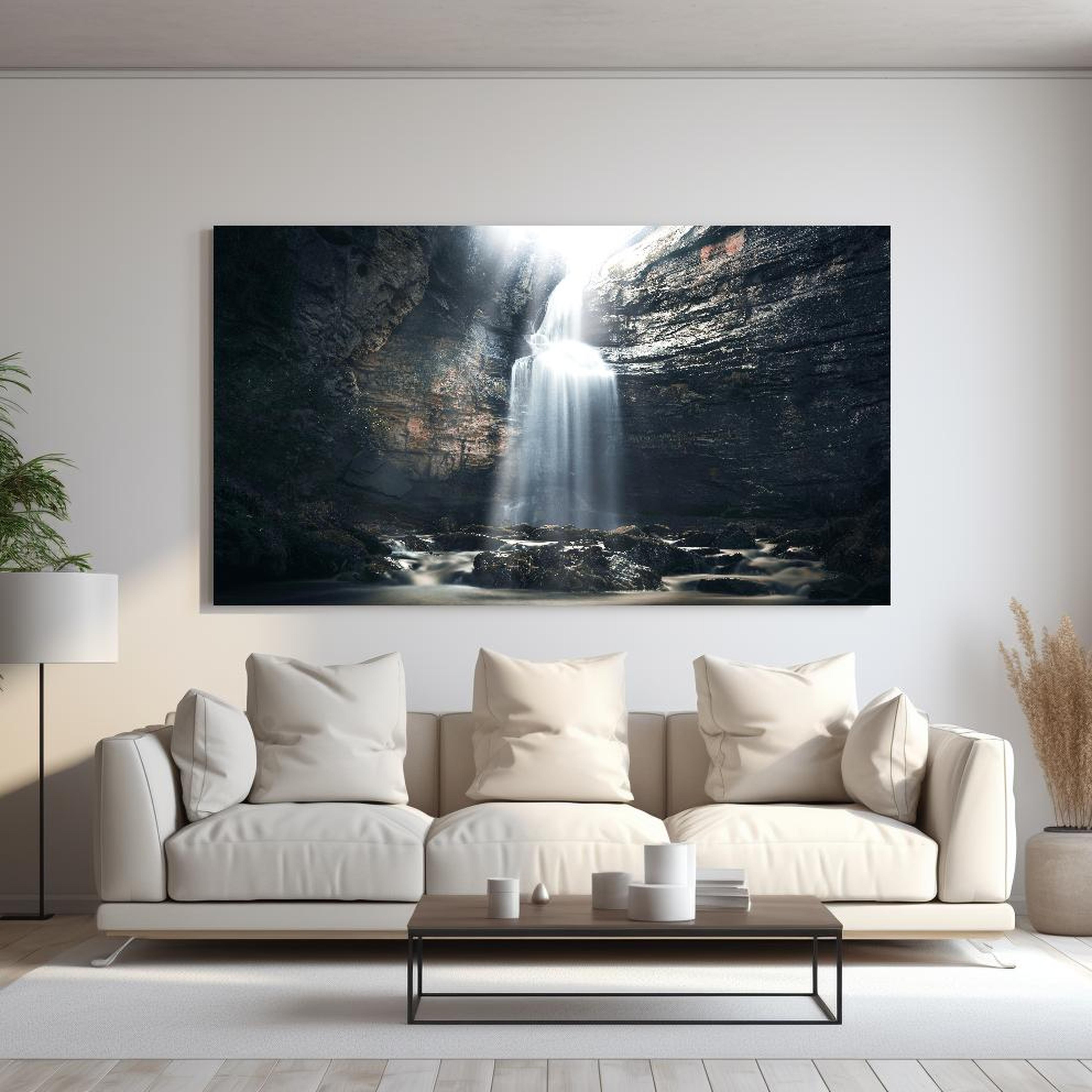 Wandbild - Wasserfall in geheimnisvoller Schlucht hinter sanfter Couch mit cremefarbenen großen Kissen