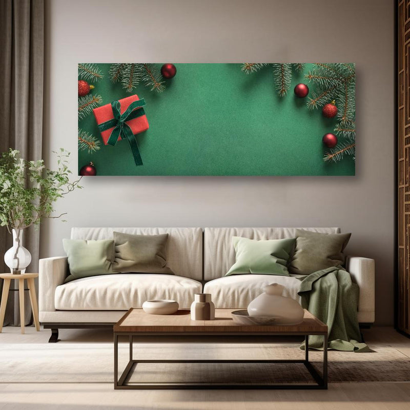 Wandbild - Weihnachtsrahmen auf grünem Hintergrund in kreativ eingerichtetem Zimmer mit moderner Vase
