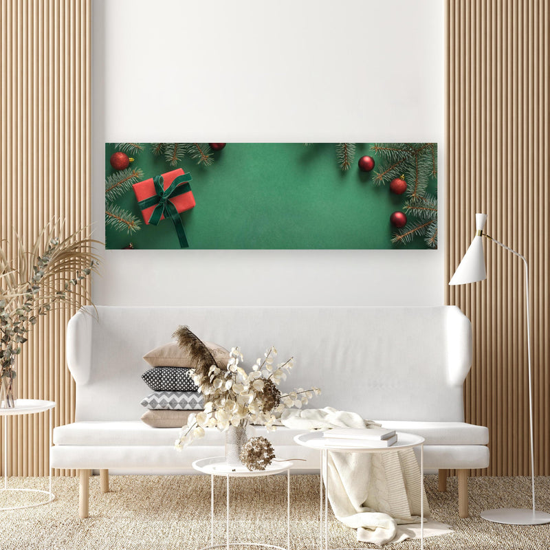 Wandbild - Weihnachtsrahmen auf grünem Hintergrund in extravagant gestaltetem Raum mit minimalistischer Couch-rechteckig