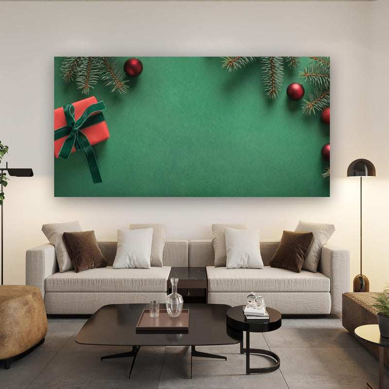 Wandbild - Weihnachtsrahmen auf grünem Hintergrund über Urban-Stil Couch hinter futuristischem Tisch