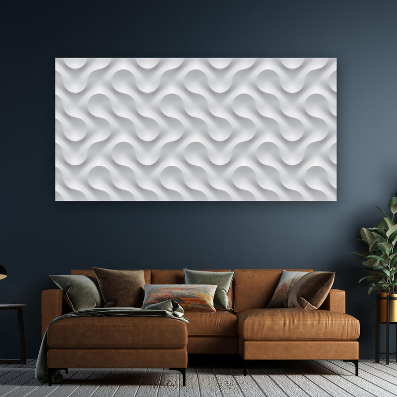 Wandbild - Weißes Wellen Muster an dunkelgrüner Wand über klassischem Sofa