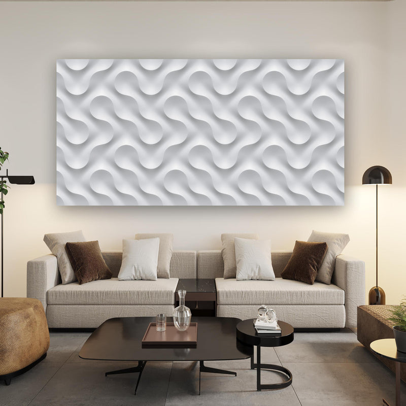 Wandbild - Weißes Wellen Muster über Urban-Stil Couch hinter futuristischem Tisch