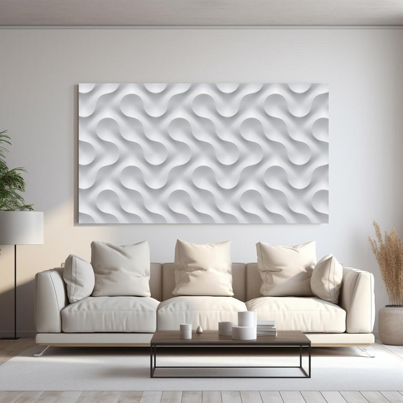 Wandbild - Weißes Wellen Muster hinter sanfter Couch mit cremefarbenen großen Kissen