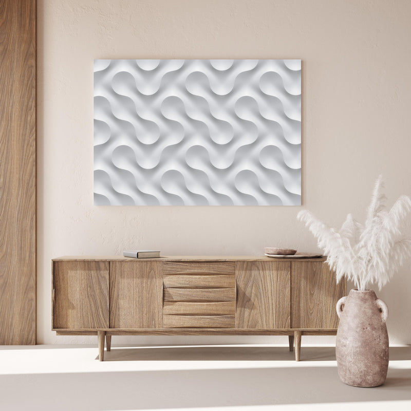 Wandbild - Weißes Wellen Muster über Holzkommode hinter dekorativer Zimmerpflanze
