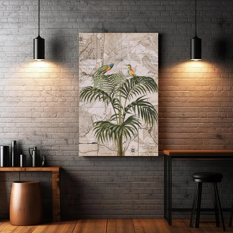 Wandbild - Weltkarte - Tropische Pflanze zwischen extravaganten Hängelampen und Holztischen