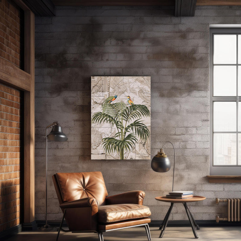 Wandbild - Weltkarte - Tropische Pflanze über geschmackvollem Sessel an rustikaler Ziegelwand