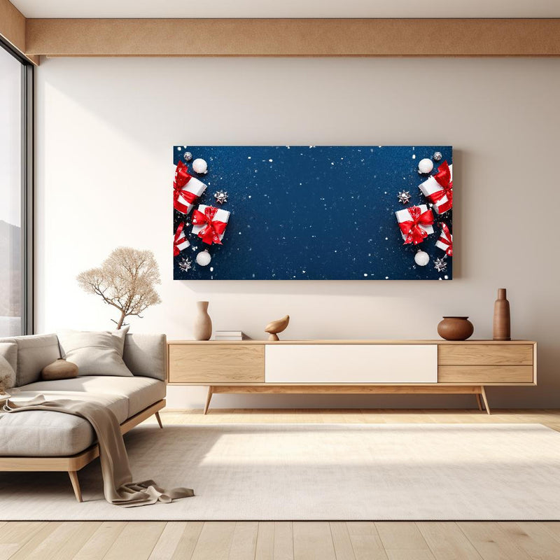 Wandbild - Winterdekoration als Banner in hellem Wohnzimmer über extravaganter Kommode