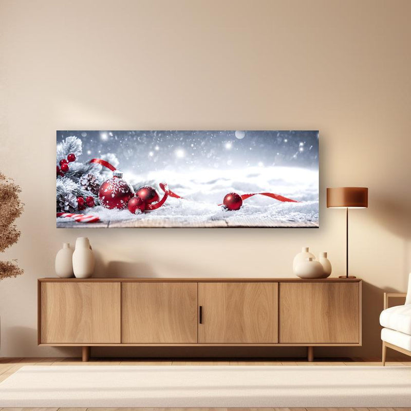 Wandbild - Winterliche Weihnachtsdekoration in dezentem Wohnzimmer mit geölter Holzkommode