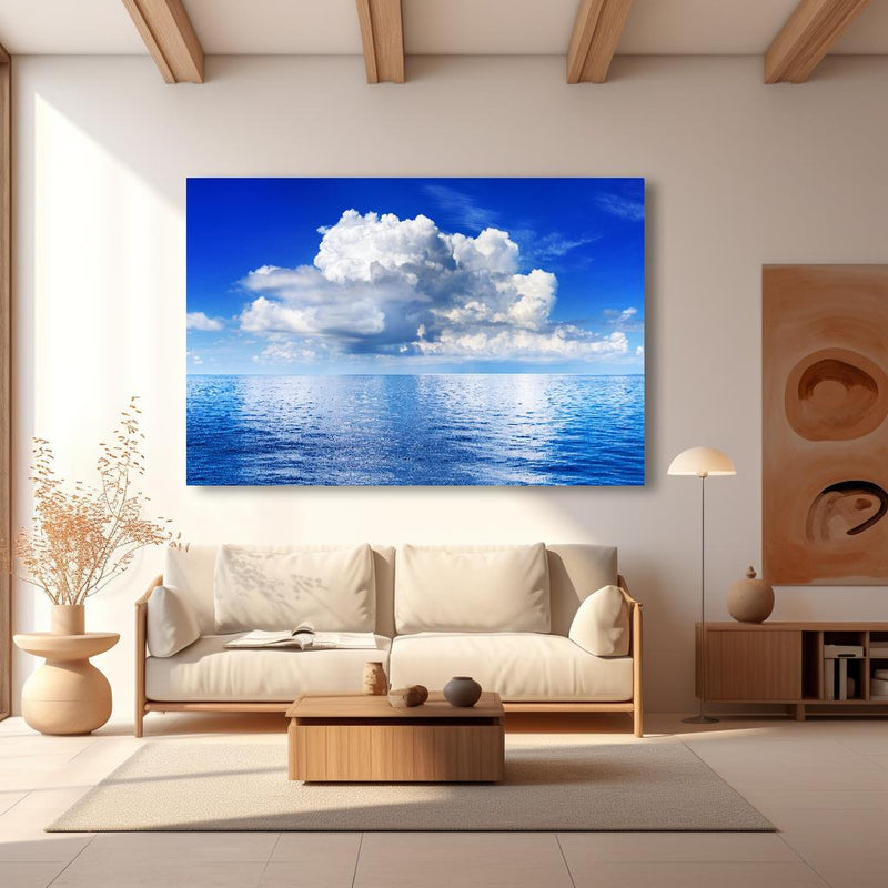 Wandbild - Wolkenkulisse über dem Ozean in modernem Wohnzimmer im Loft-Stil